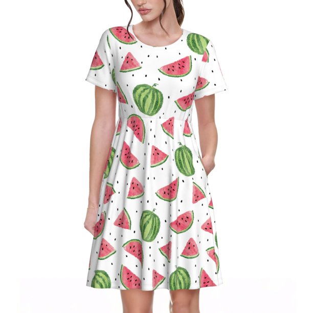 Disketp Hand Drawn Watermelon para Vestido de Manga Corta para Mujeres, Vestidos de Verano para Mujeres, Casual y Holgado para la Playa