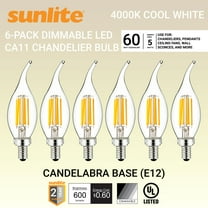 Sunlite LED Filament CA11 Flame Tip Chandelier Light Bulb 5 Watts (60W Equivalent), Candelabra E12 Base, Dimmable, UL Listed, 4000K Cool White, 6 Pack