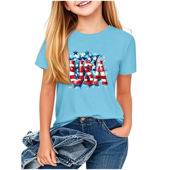 FAVIPT Girl Patriotic Shirt Kids 250th Anniversary Tshirts Stars and Stripes Shirts Red White Blue Independence Day Tops Blue,11-12 Years