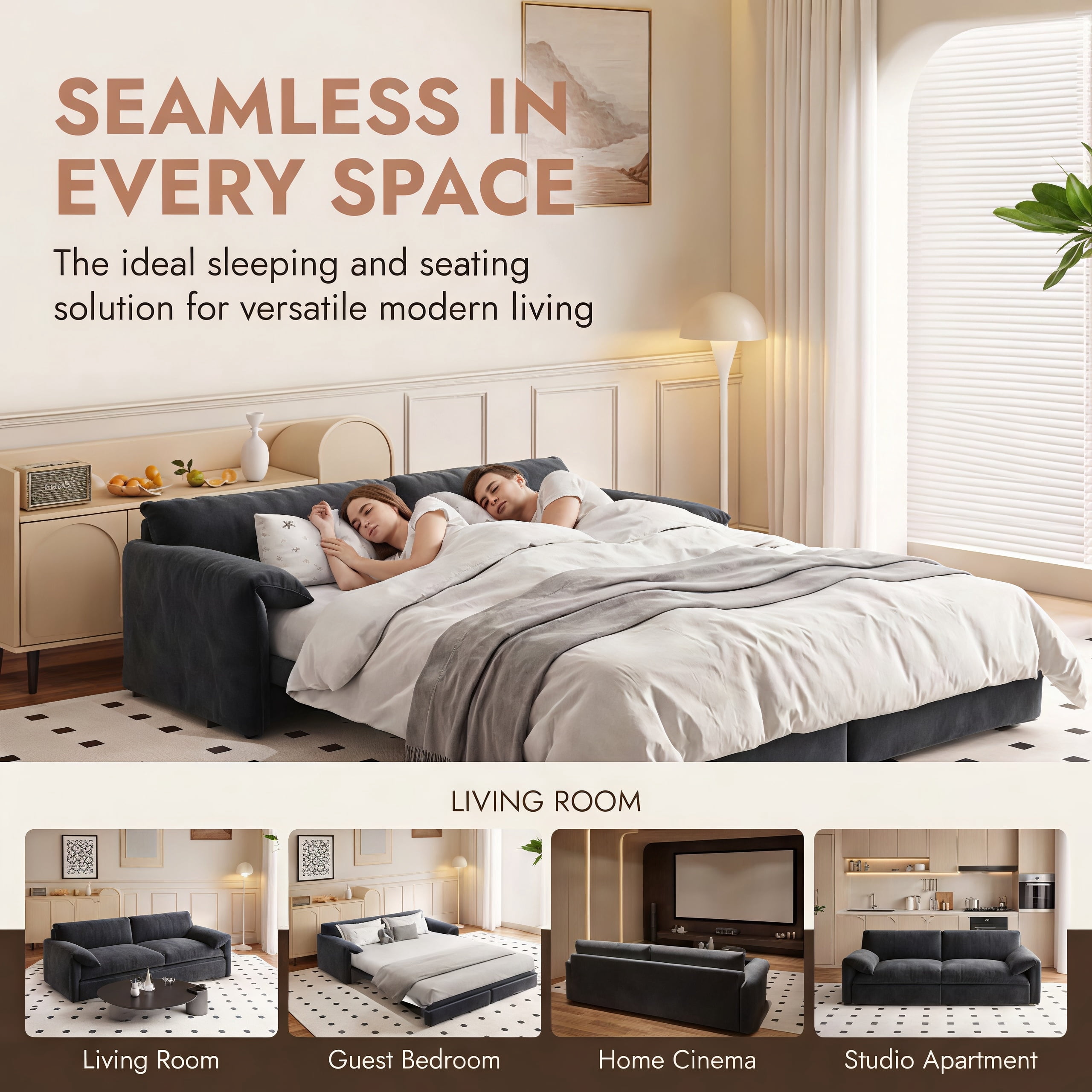 3-in-1 Queen Pull Out Sofa Bed, 66" Velvet Convertible Sleeper Couch with Deep Seat & Storage Pocket, Modern Folding Futon Sofa Bed, Dark Gray