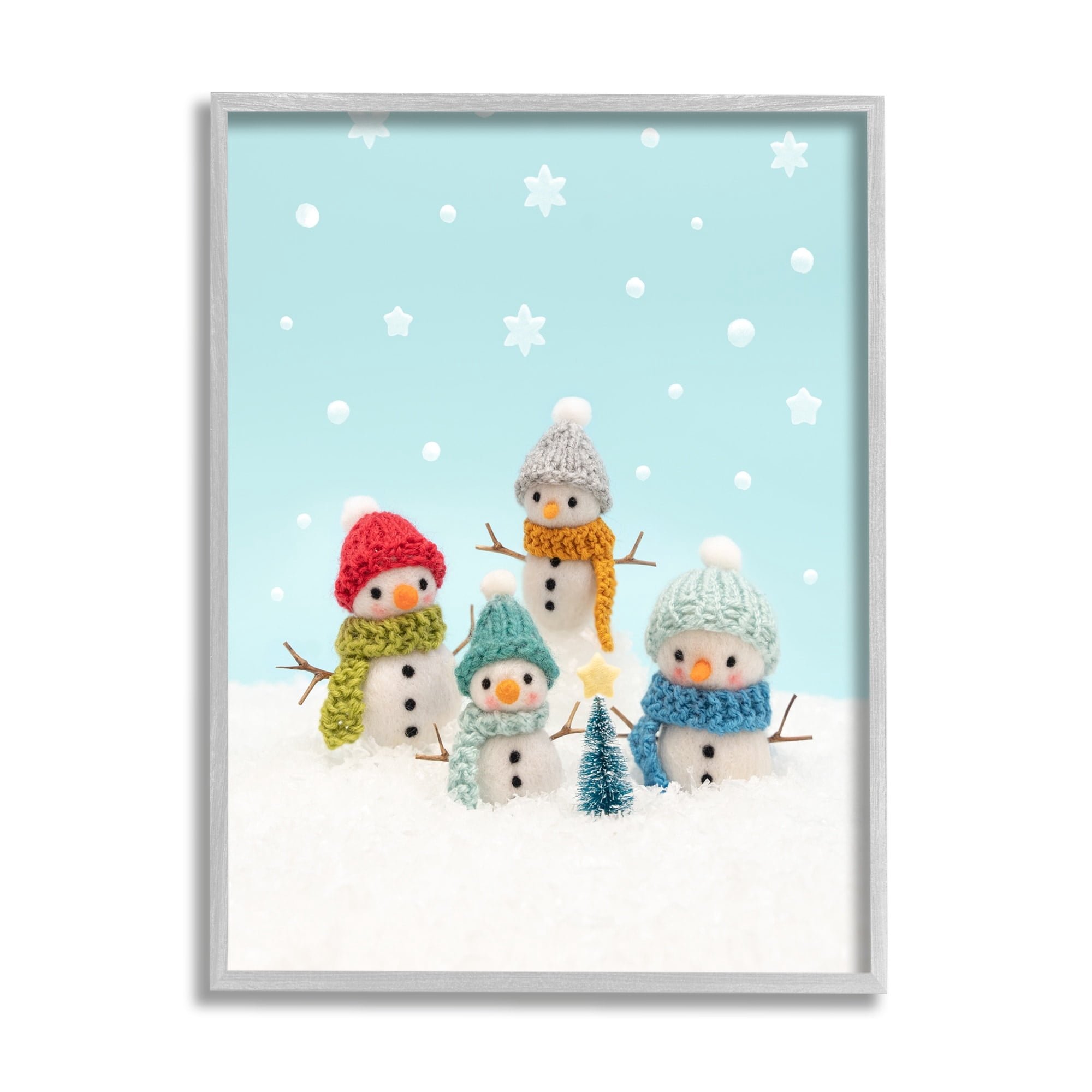Stupell Industries Winter Snowmen Christmas Tree Holiday Photography Gray Framed Art Print Wall Art