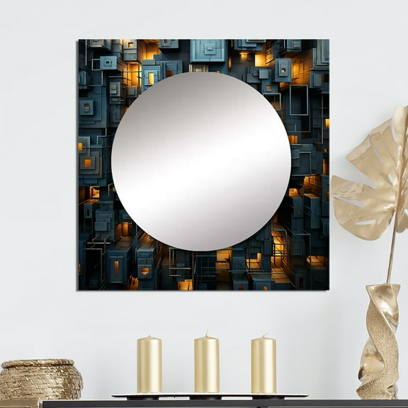 Designart "A Cityscape With Skyscrapers Resembling Copper Canyons" Skyscrapers Square Mirror For Wall Decor - Large Blue Square Printed Wall Mirror Art - Wall Mounted Square Mirror