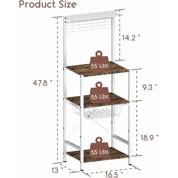 4 Tier Coffee Bar Station, Corner Bakers Rack with 5 Hooks & Wire Basket, Coffee Maker Stand for Small Space, Kitchen Storage Shelf for Entryway, Living Room, Café, White, 16.5"x13"x47.8"