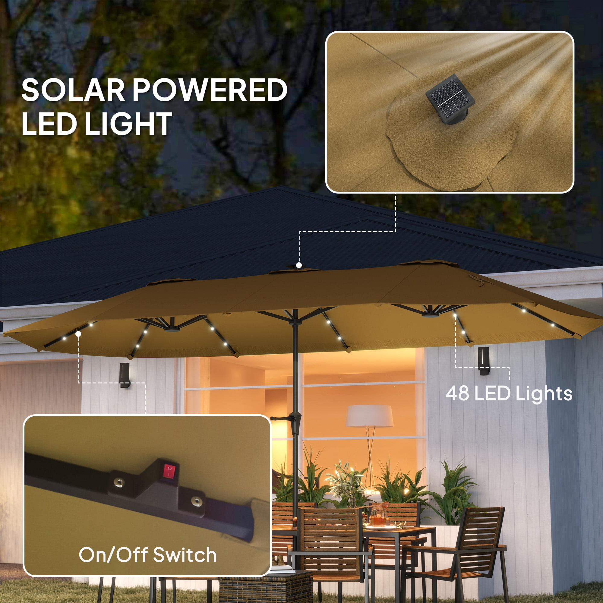 Outsunny 13' Large Patio Umbrella with Solar Lights, Double-Sided Outdoor Market Umbrella with Crank, 48 LED Lights for Garden, Pool, Yard, Khaki