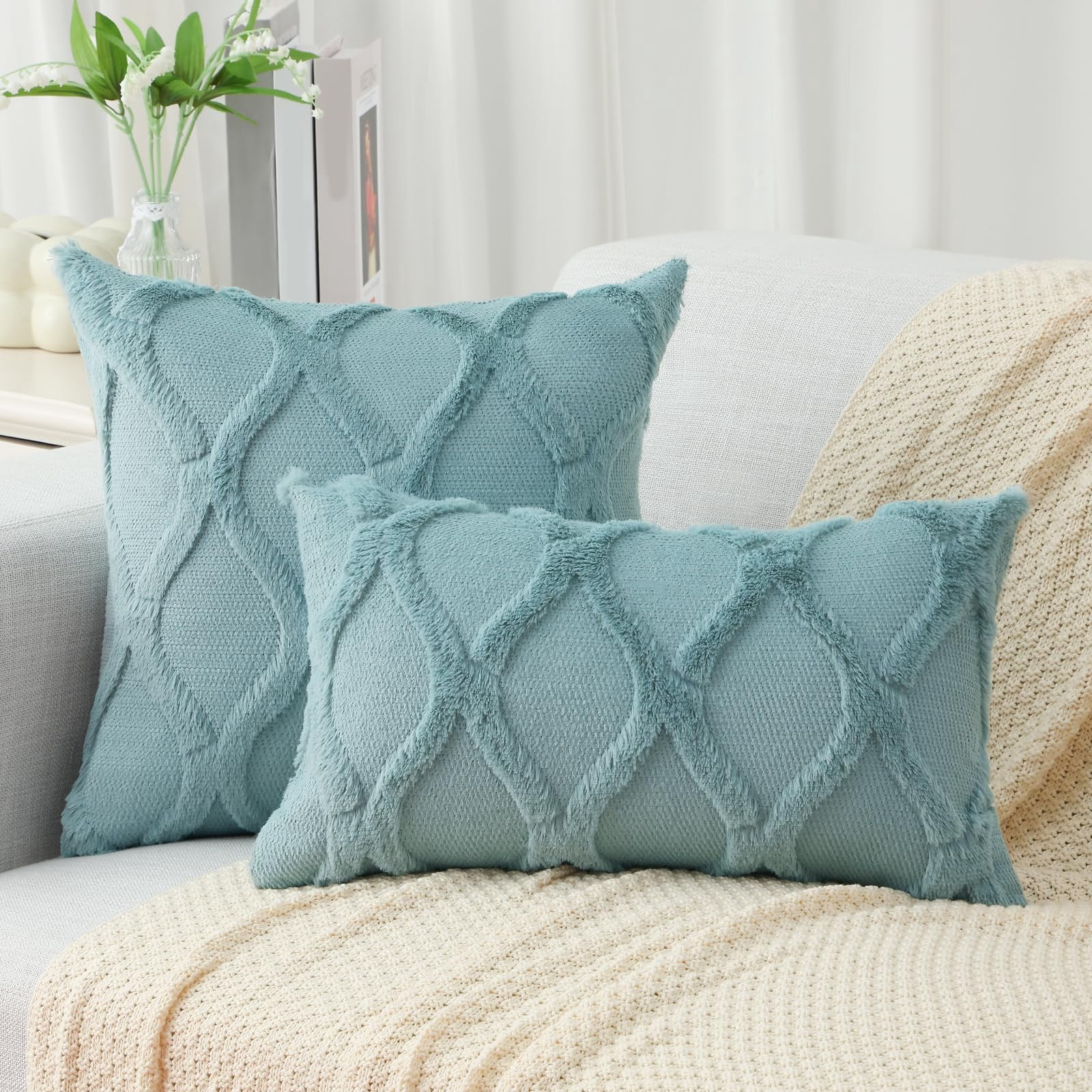 decorUhome Decorative Throw Pillow Covers 22x22 Set of 2, Soft Plush Faux Fur Wool Pillow Covers for Couch, Aqua