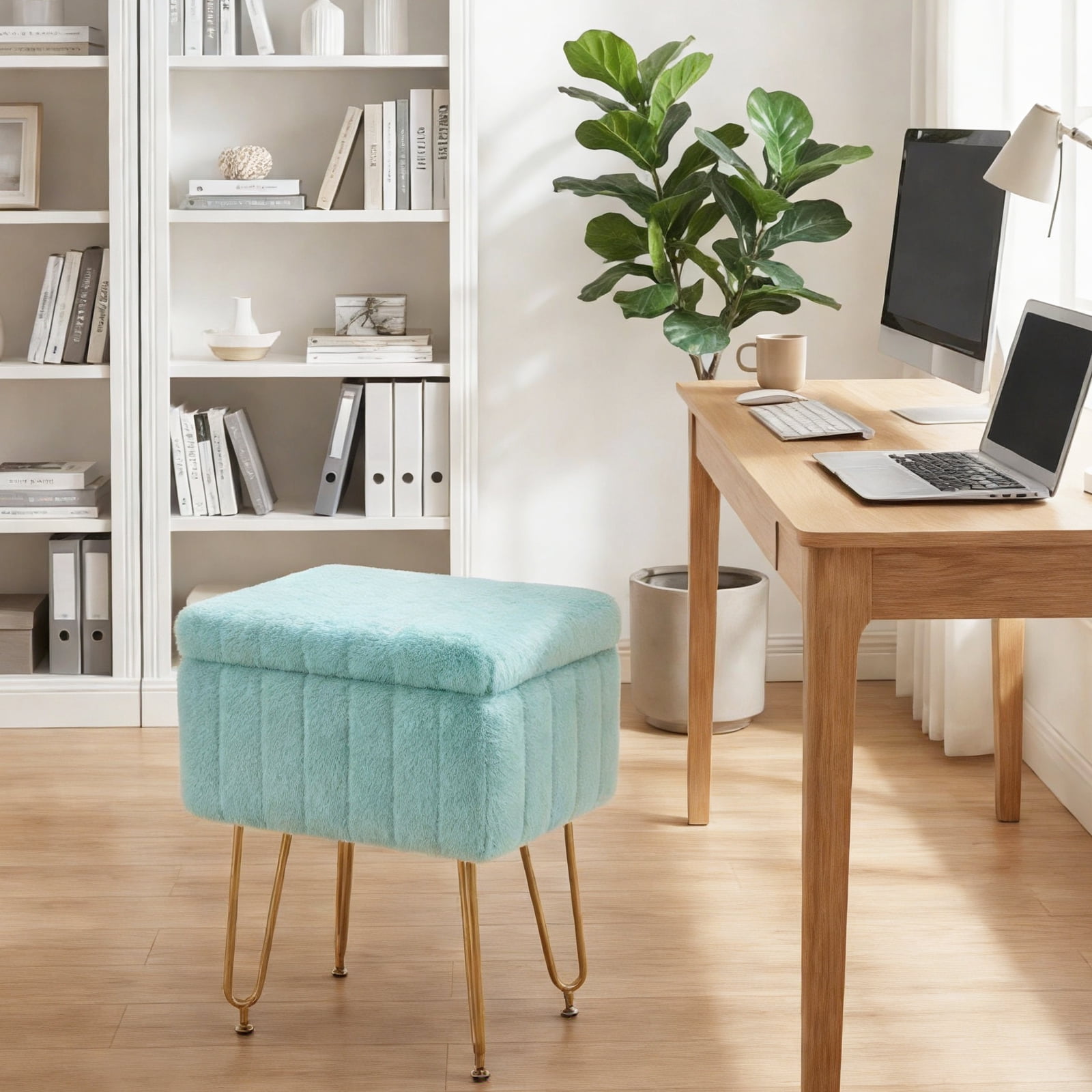 ZUNMOS Ottoman Vanity Stool Chair, with Storage Function, Modern Style Wooden Board Seat, Equipped with 4 Metal Legs and Non-Slip Feet, Suitable for Living Room and Bedroom, Mint Green