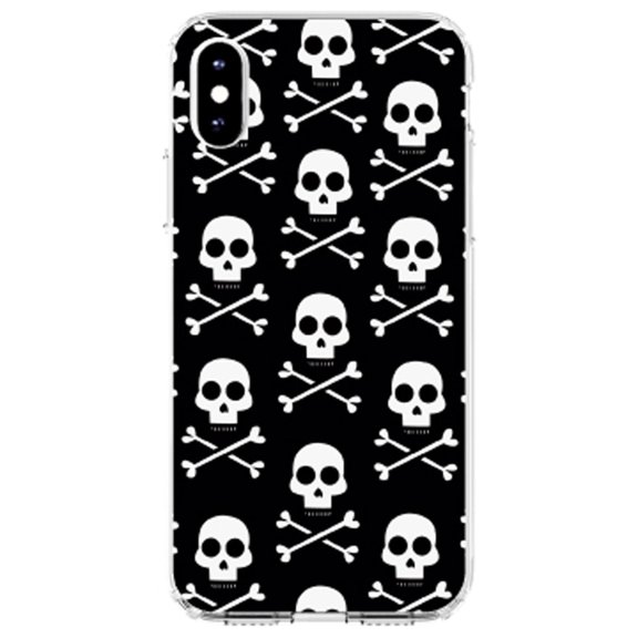 DistinctInk Clear Shockproof Hybrid Case for iPhone XR (6.1" Screen) - TPU Bumper, Acrylic Back, Tempered Glass Screen Protector - Black White Skulls Pattern