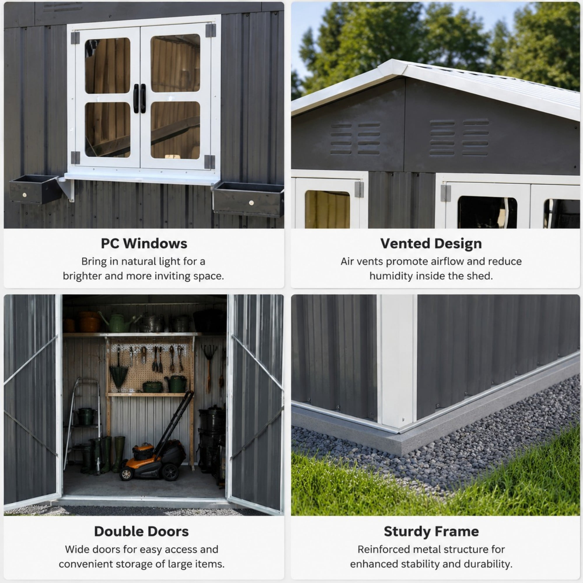 Aukfa 6x9 FT Metal Outdoor Storage Shed with Flower Rack&Lockable Doors, Waterproof Garden Tool Shed for Backyard Patio Lawn, Gray