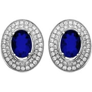 Platinum-Plated Sterling Silver Oval-Cut Blue Obsidian Pave CZ Earrings