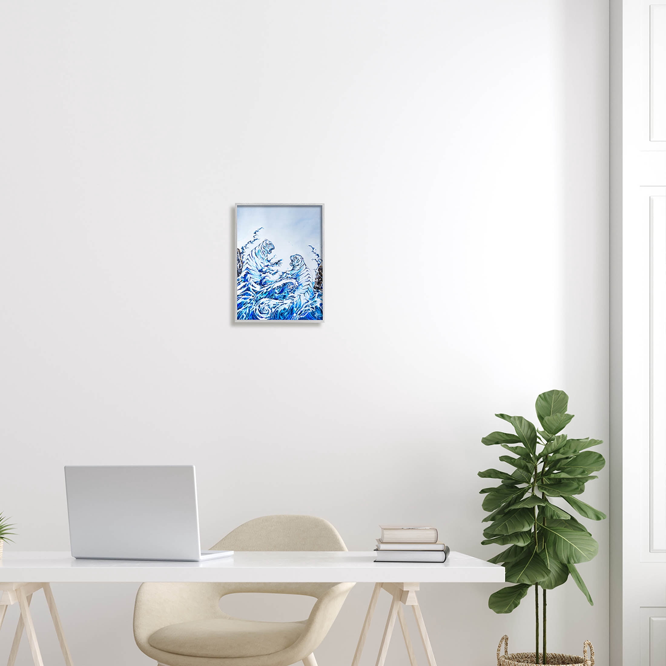 Dueling Tigers Ocean Waves Animals & Insects Painting Gray Framed Art Print Wall Art
