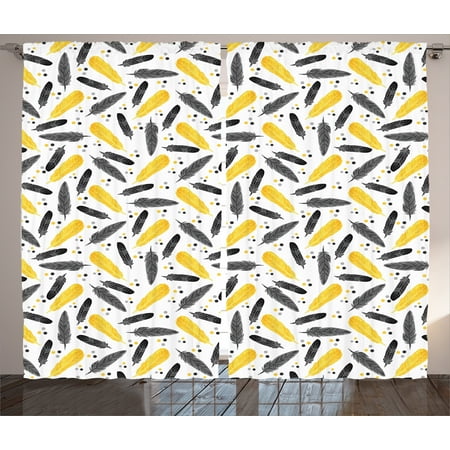 Artworks Home Pattern - Vintage Curtains 2 Panels Set, Bird Feathers Patterns and Polkadots Exotic Tribal Decorating Stylish Home Artwork , Living Room Bedroom Decor, Yellow Black, by Ambesonne