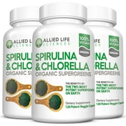3-PACK - Allied Life Spirulina and Chlorella - Organic Chlorophyll Vegan Protein Powder Capsules 120 caps