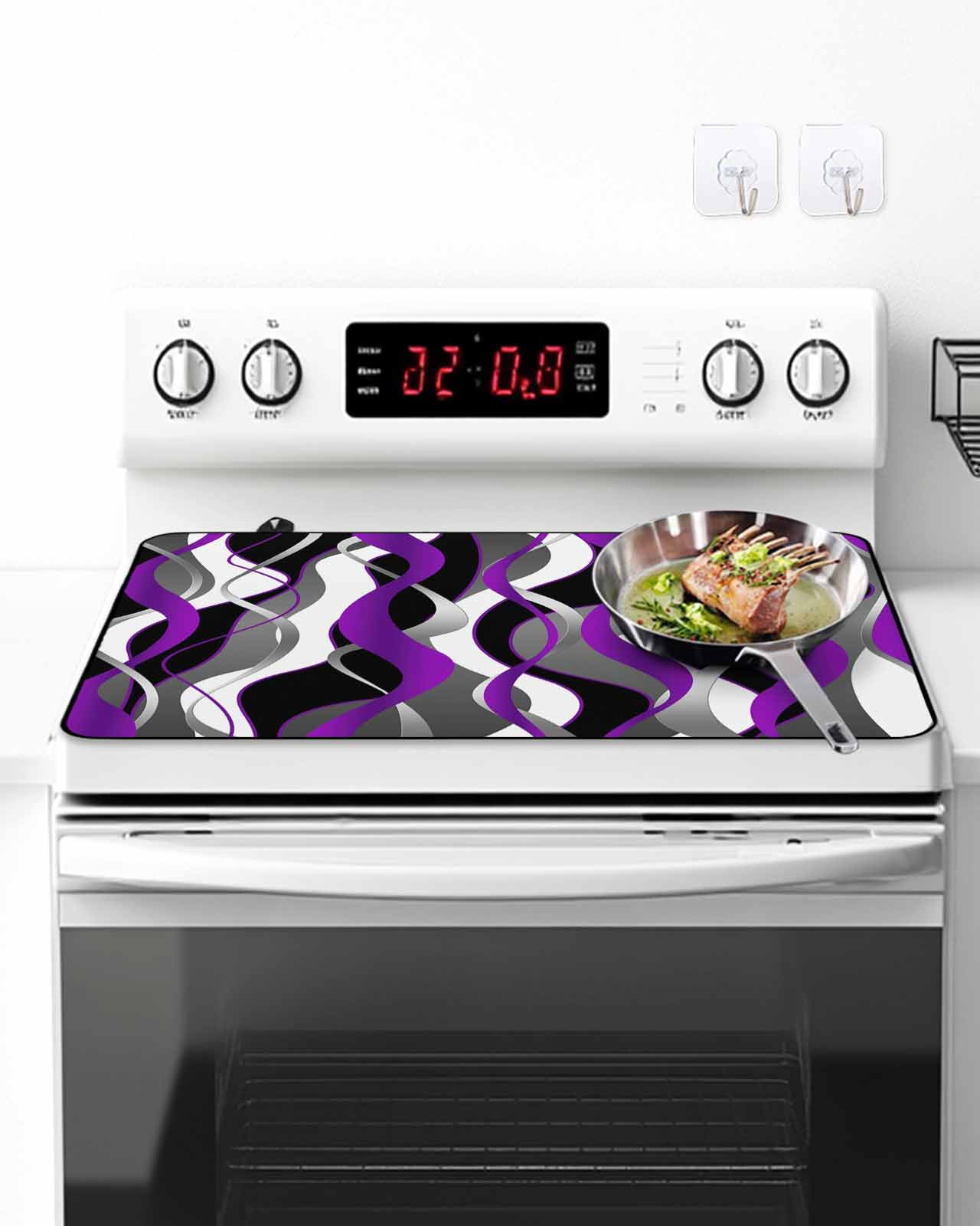 Stove Top Covers for Electric Stove, Purple Stripe Glass Stovetop Cover Protector, Black Grey White Gradient Striped Geometric Induction Cooktop Protector Oven Mat for Kitchen Countertop 31"x24"