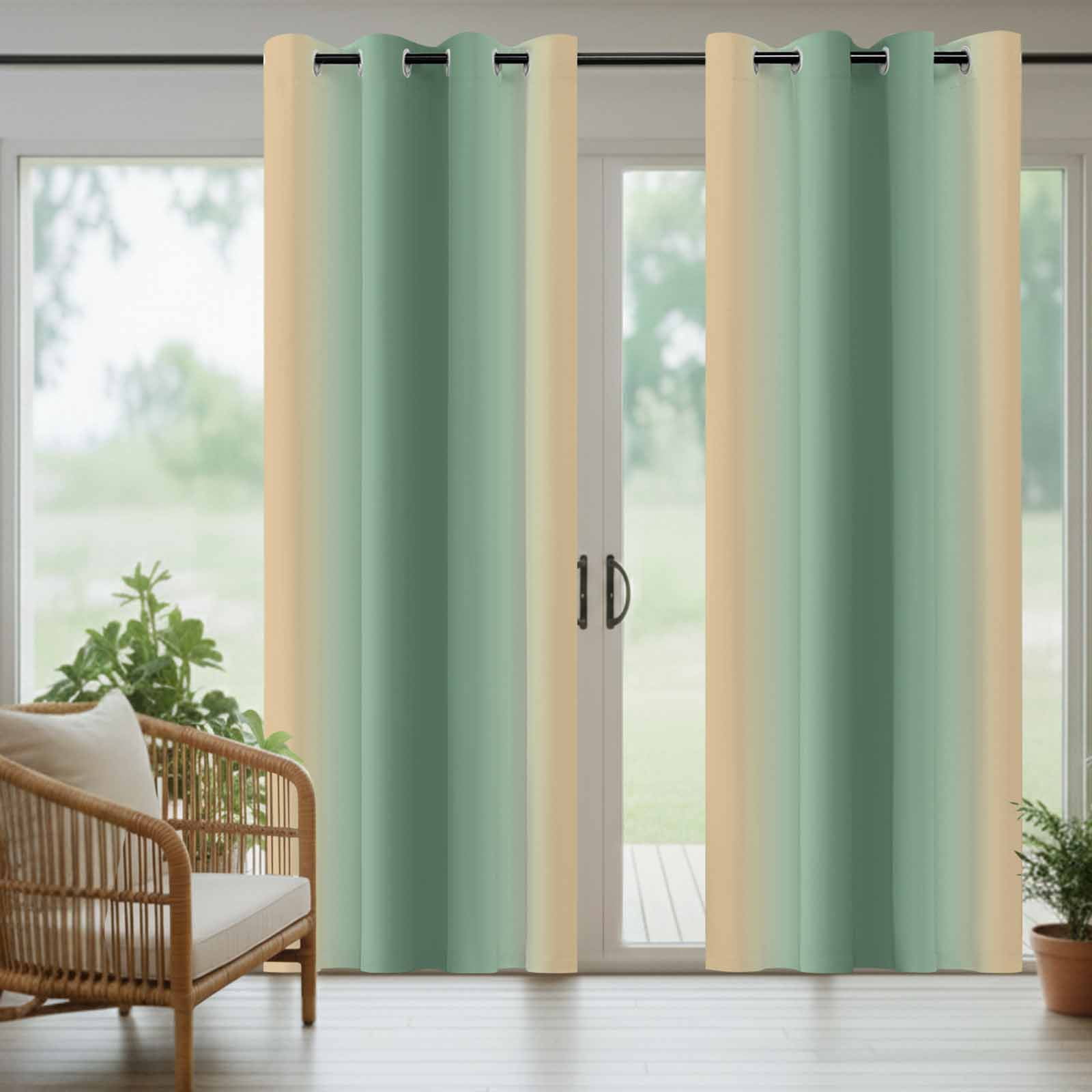 Outdoor Curtains for Patio Waterproof, Sage Green Yellow Ombre Windproof Pravicy Outside Porch Blackout Curtain, Farmhouse Modern Gradient Art Sun Blocking Grommets Curtains for Cabana 54"x108"