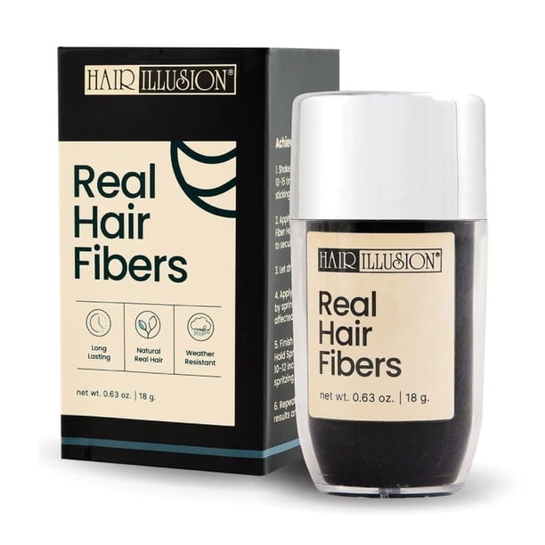 Hair Illusion Fibras de cabello real negras para adelgazar el cabello - Fibras de cabello no sintéticas de textura natural - Cubre puntos calvos para mujeres y hombres - 18 gramos