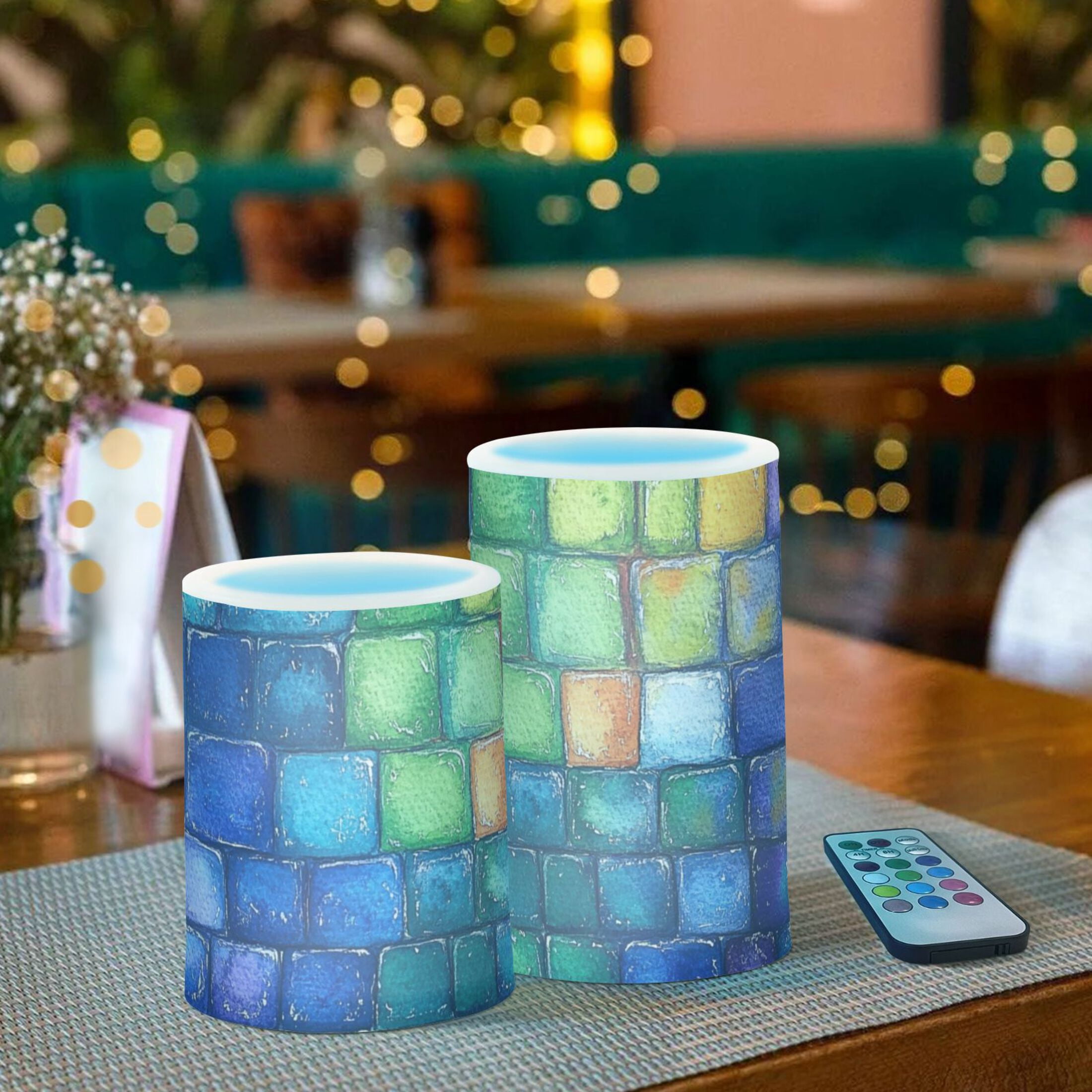 Colorful Small Square Flickering Flameless Candles Battery Operated with Remote Timer LED Pillar Candles Set of 2