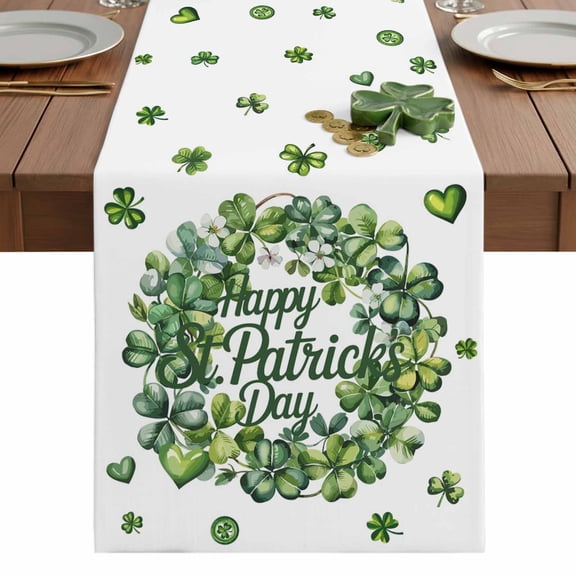 Happy St. Patrick's Day Table Runner 13 x 36 Inch, Watercolor Green Shamrocks Love Wreath Washable Cotton Linen Dining Table Runner Tabletop Decorations for Restaurant Home Kitchen Party