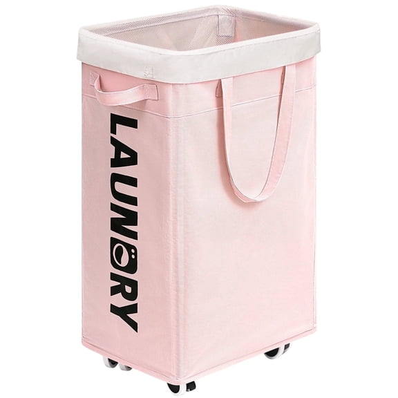 HICHEN Laundry Hamper with Wheels,75L Laundry Basket with Removable Wash Bag on Wheels, Collapsible Rolling Laundry Hamper, Foldable Clothes Organizer, Folding Washing Bin（Pink)