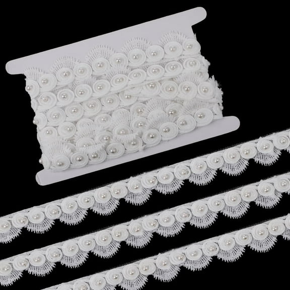 2.7~3 Yards Polyester Lace Trim Flower Lace Ribbon with Imitation Pearl Beads White 1-1/4 inch(31mm)