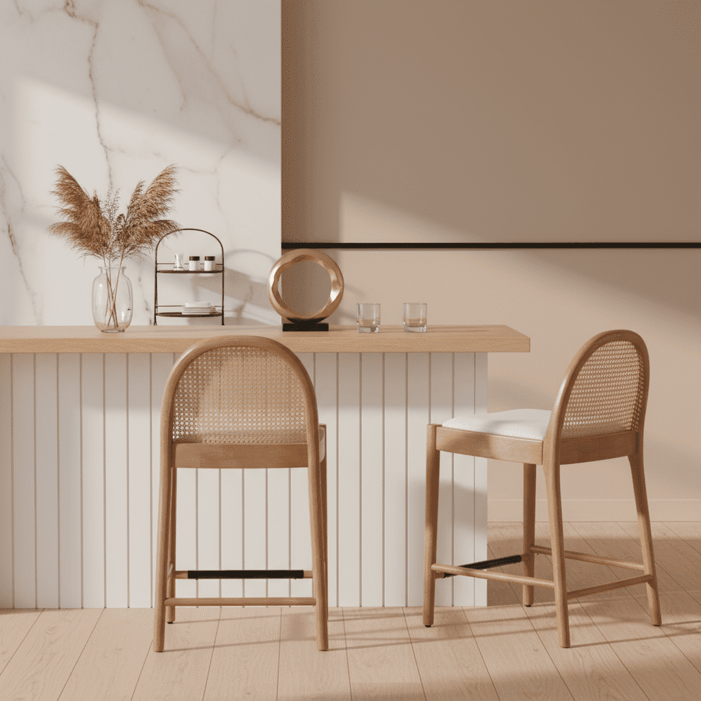 Guyou Modern Bar Stools Set of 2, 26" Counter Height Bar Stools with Natural Rattan Back and Solid Wood Frame, Linen Upholstered Kitchen Island Chairs for Bar Island Cafe Kitchen, Beige