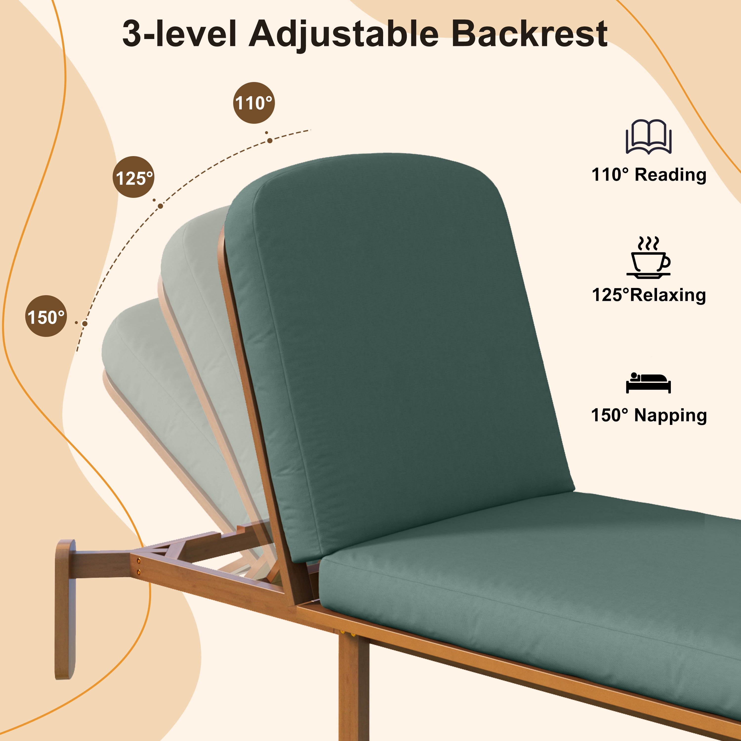 Adjustable Backrest Chaise Lounge, Outdoor Patio Recliner for Poolside, Green