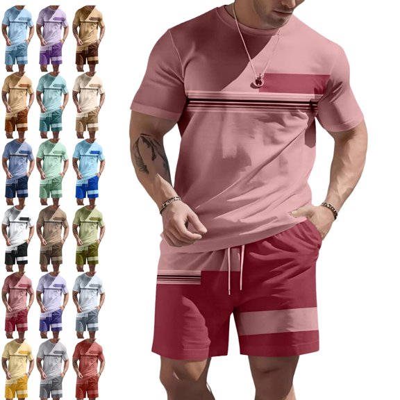 Sewkxo Men's 2 Piece Outfits Color Block Striped Print T Shirt and Shorts Set Casual Summer Tracksuit,Pink 2XL
