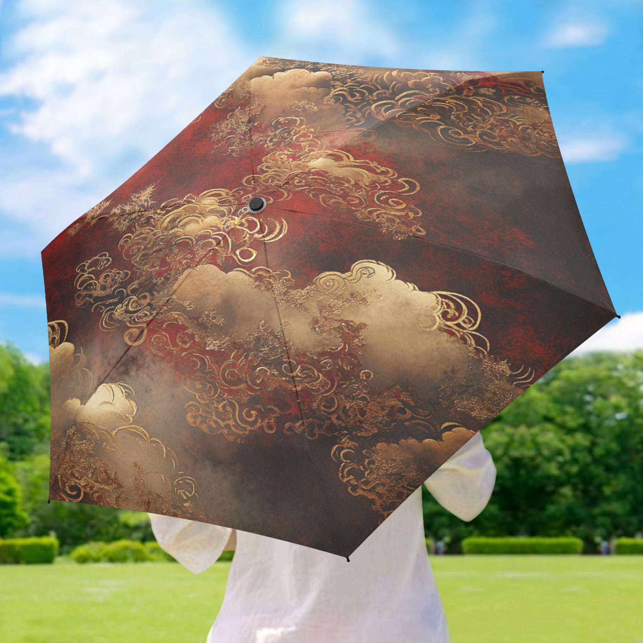 Cloud Pattern Chinese Umbrellas for Sun Auto Open Close UV50+ Waterproof 5-Fold Compact Fiberglass Frame