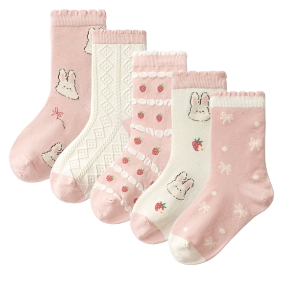Balabala Girls Cotton Blend Crew Socks, 5-Pack Cute Ruffle Animal Socks, Soft Stretch School Socks for All-Season Wear (4–14 Years)