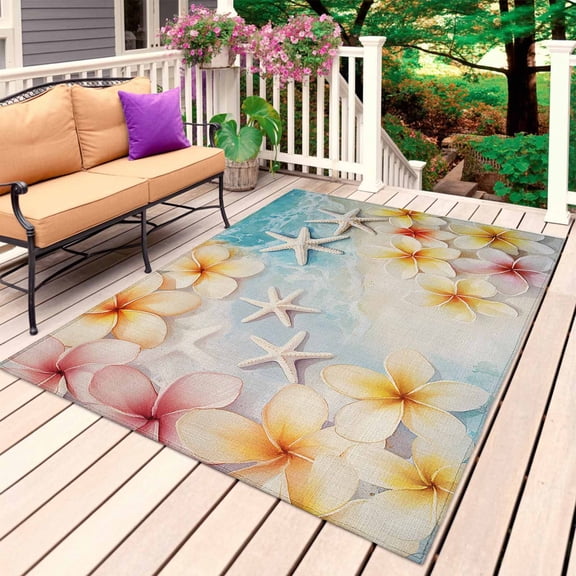 Retro Summer Beach Outdoor Rug 3x5 Ft, Non Slip Washable Area Rug, Flowers Ocean Starfish Coastal Patio Rugs Carpet Runner, Large Floor Mat for Indoor/Outdoor Deck Porch Camping