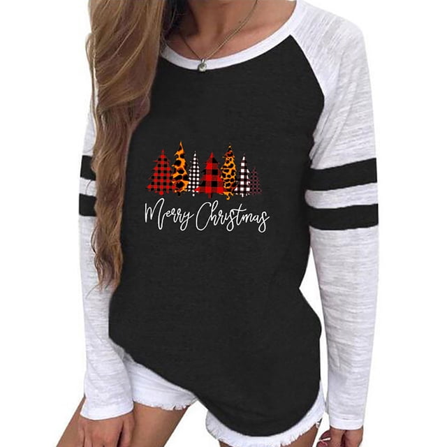 Hauts de Sortie pour Femmes Imprimé Patchwork T-Shirt à Col Rond T-Shirt Décontracté de Noël Blouse Hauts T-Shirts à Manches Longues pour Femmes en Liquidation