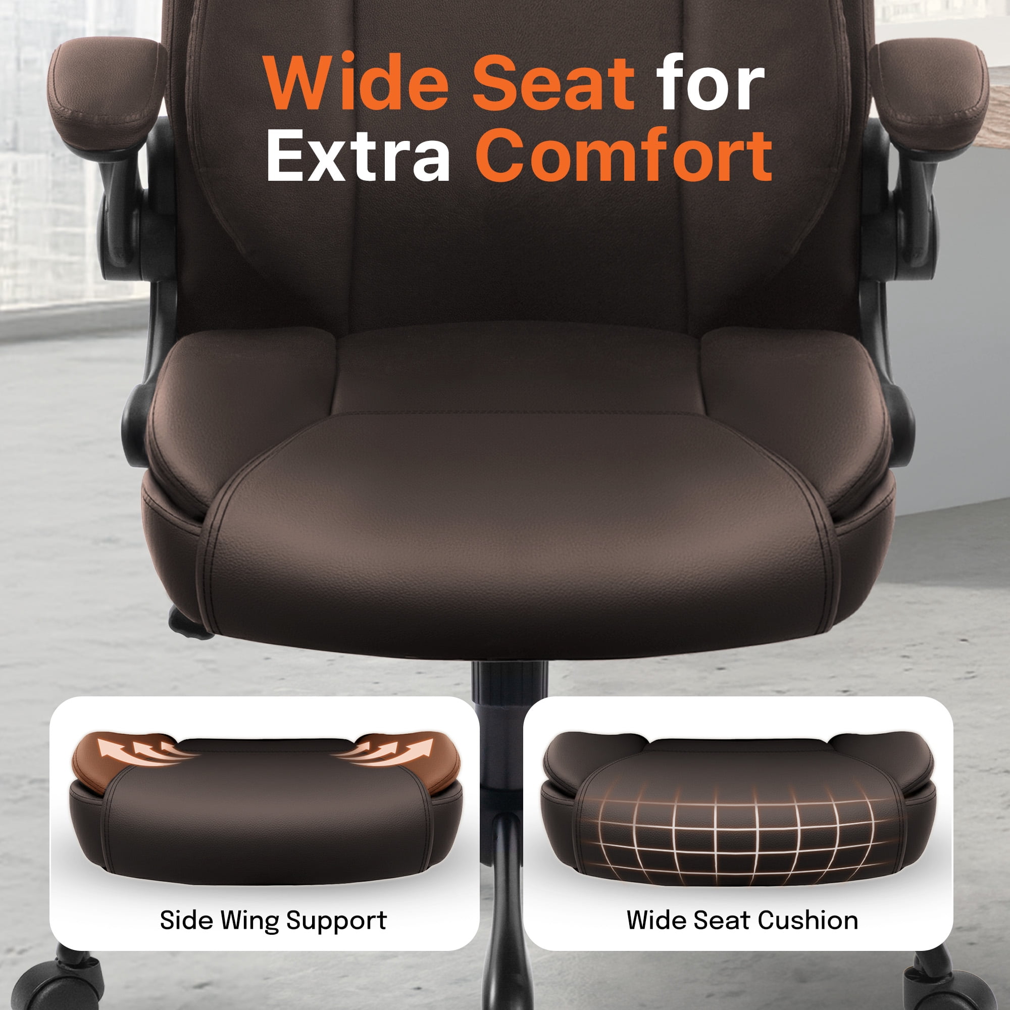 NEO CHAIR Executive Office Chair, Ergonomic High back Cushioned, Wide Leather Seat 8 Hours Heavy Duty Design, Flip Up Armrest Computer Desk Chair, Brown