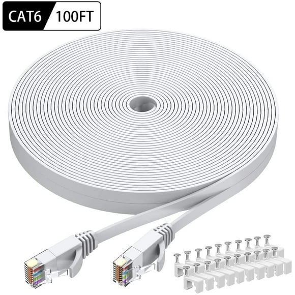Cat6 Ethernet Cable 100 Foot White, BUSOHE Cat-6 Flat RJ45 Computer Internet Lan Network Ethernet Patch Cable Cord -