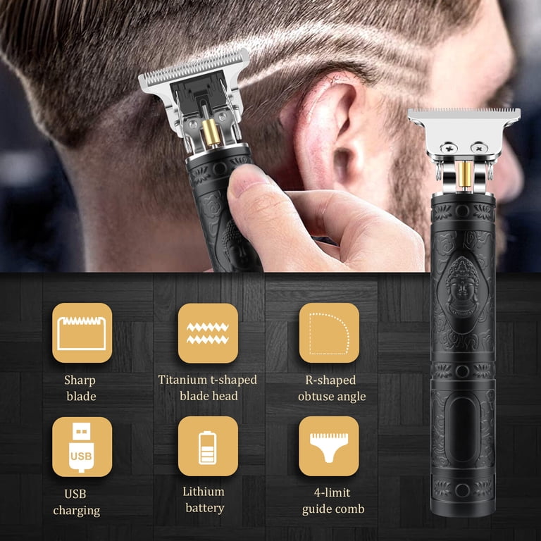 Cordless Hair Clipper Trimmer Kit – USB Rechargeable, T-Blade, 4 Heads, Gold