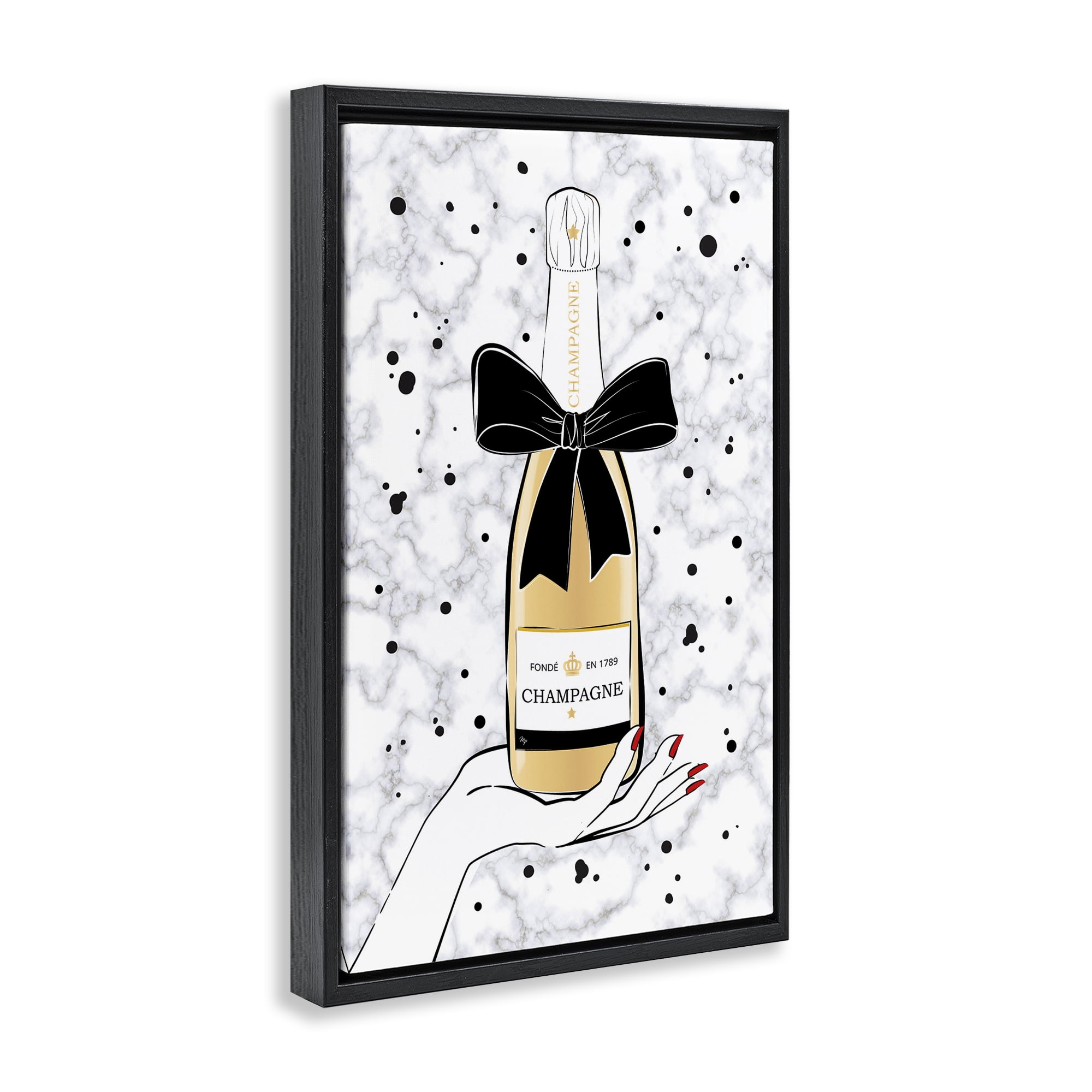 Stupell Industries Holding Champagne Bottle Food & Beverage Painting Black Floater Framed Art Print Wall Art, 17 x 25