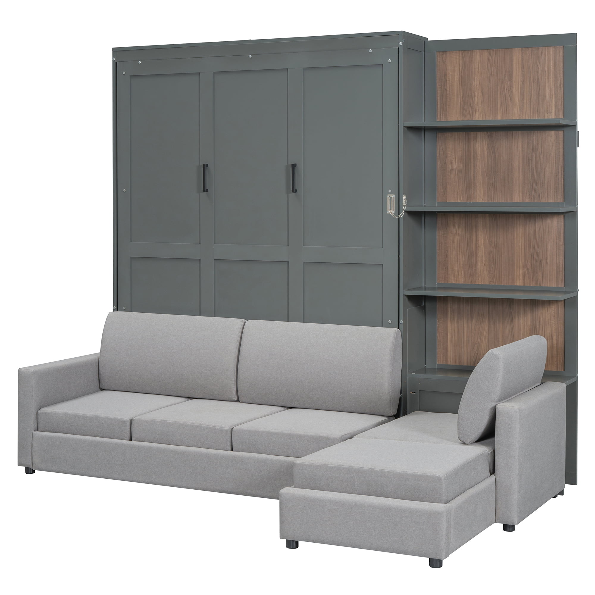 Queen Size Murphy Bed with L Shape Sofa and Open Shelves,Space-Saving for Small Space, Guest Room