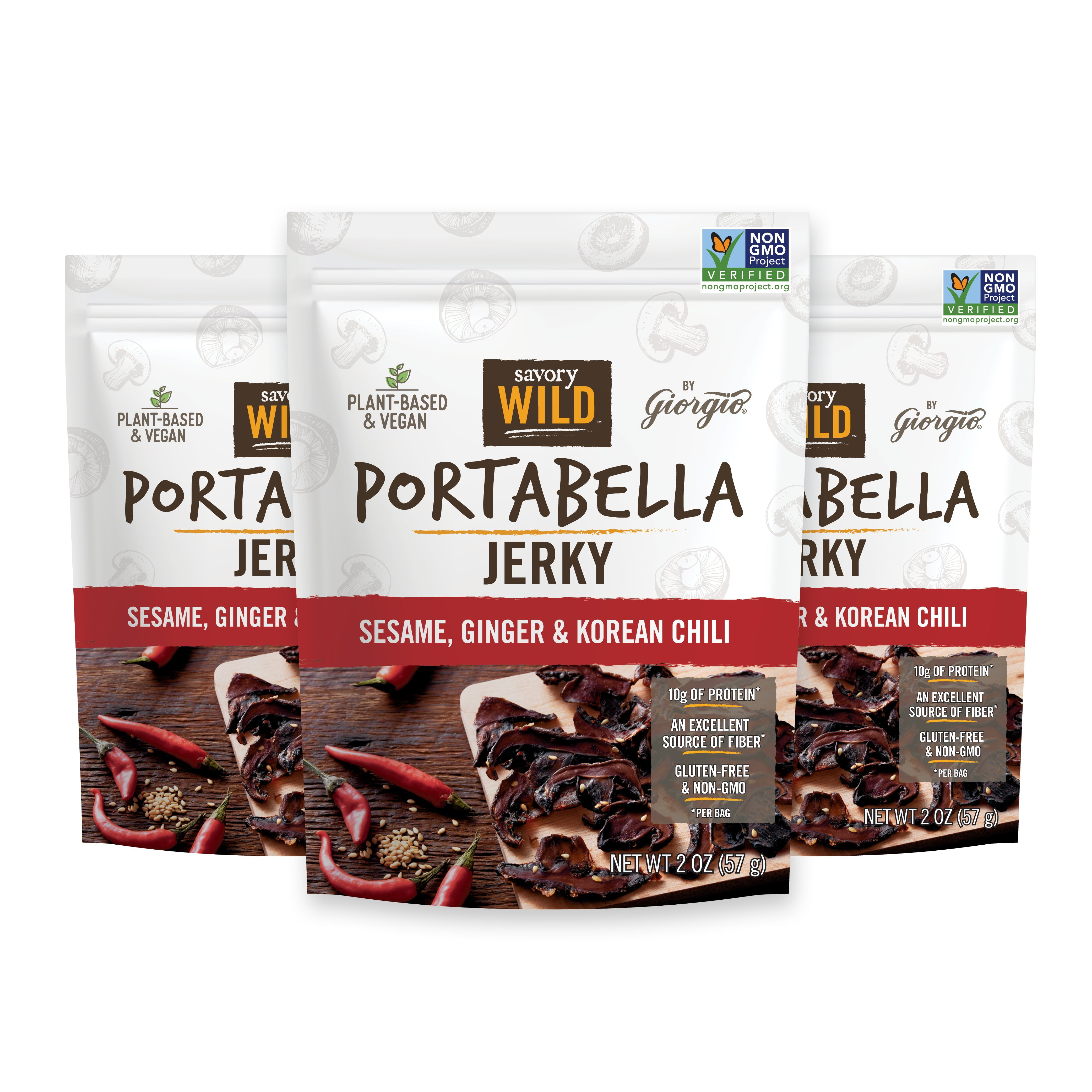 Savory Wild Vegan Portabella Jerky - Sesame Ginger & Korean Chili - 3 Pack
