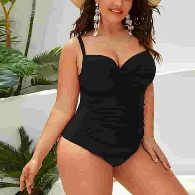 【超目玉】 Cute Womens Plus Ruched Color Solid Swimsuits Tankini Size Clothing