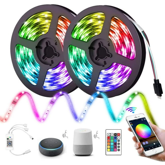 Bande Lumineuse DEL 65,6 Pi (20 m) Wi‐Fi Sans Fil Contrôlée par Téléphone Intelligent, Bande Lumineuse DEL avec Alimentation DC24V, 600 DEL RVB 5050, Bandes Lumineuses DEL avec Télécommande, Compatible avec Alexa Echo, Google Assistant...