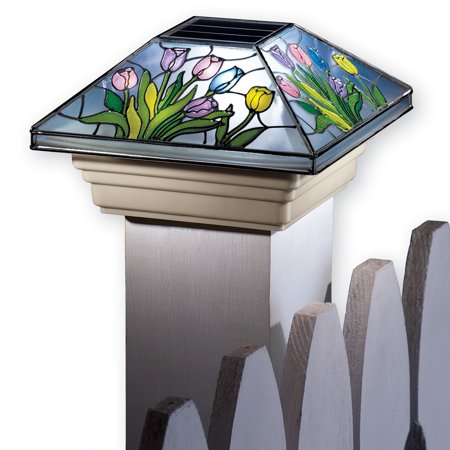 Spring Solar Fence Post Cap Light with Beautiful Colorful Flowers and Hummingbirds,