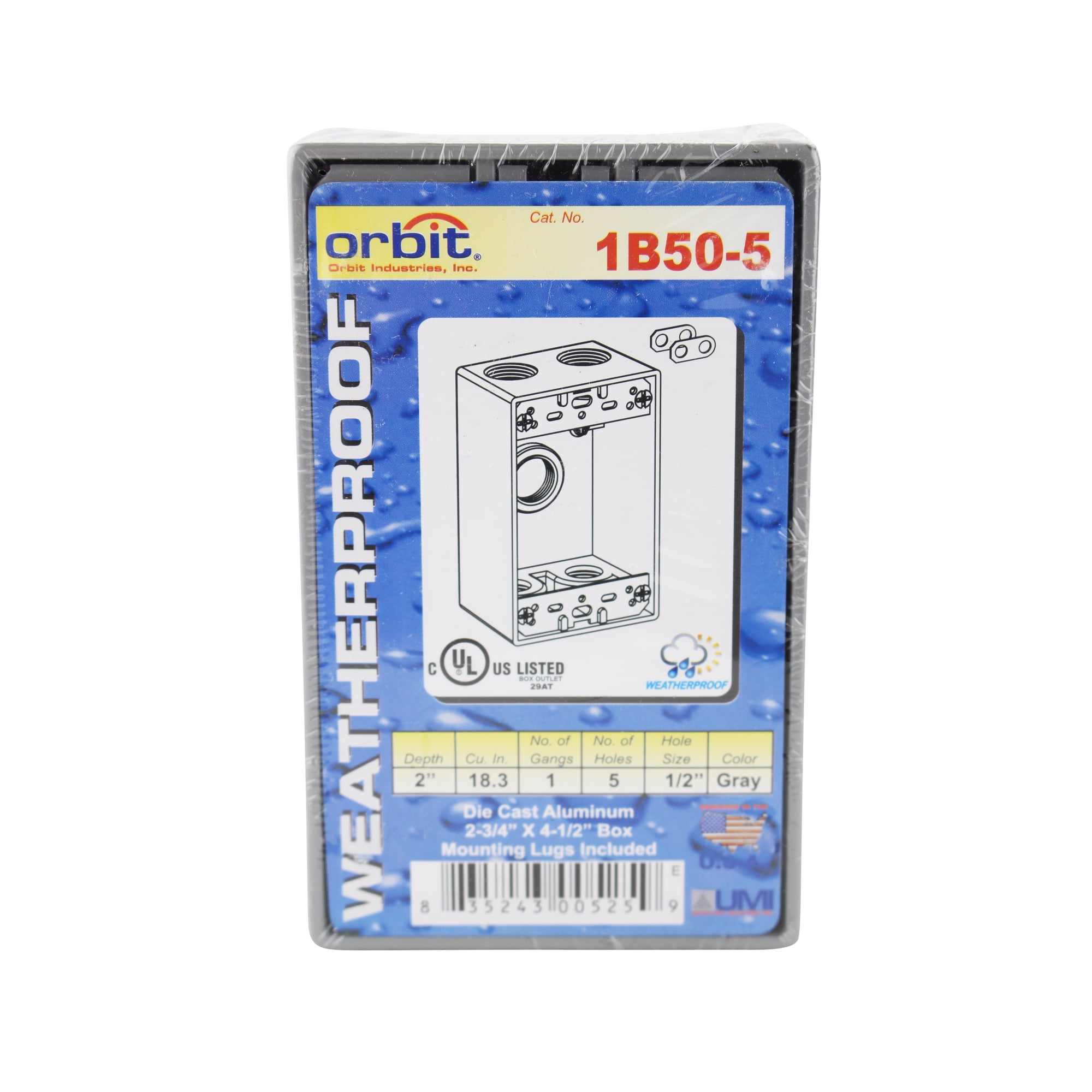 Orbit 1B50-5 Weatherproof Outdoor Box, 2' Deep, (5) 1/2' KO's, 1-Gang, Gray