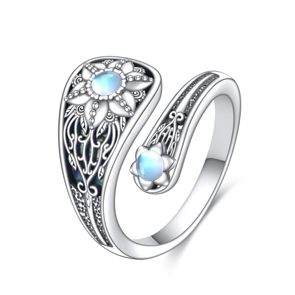 MYSTICPOEM 925 Sterling Silver Moonstone Ring for Women Adjustable Sunflower Thumb Ring Vintage Spoon Rings for Men