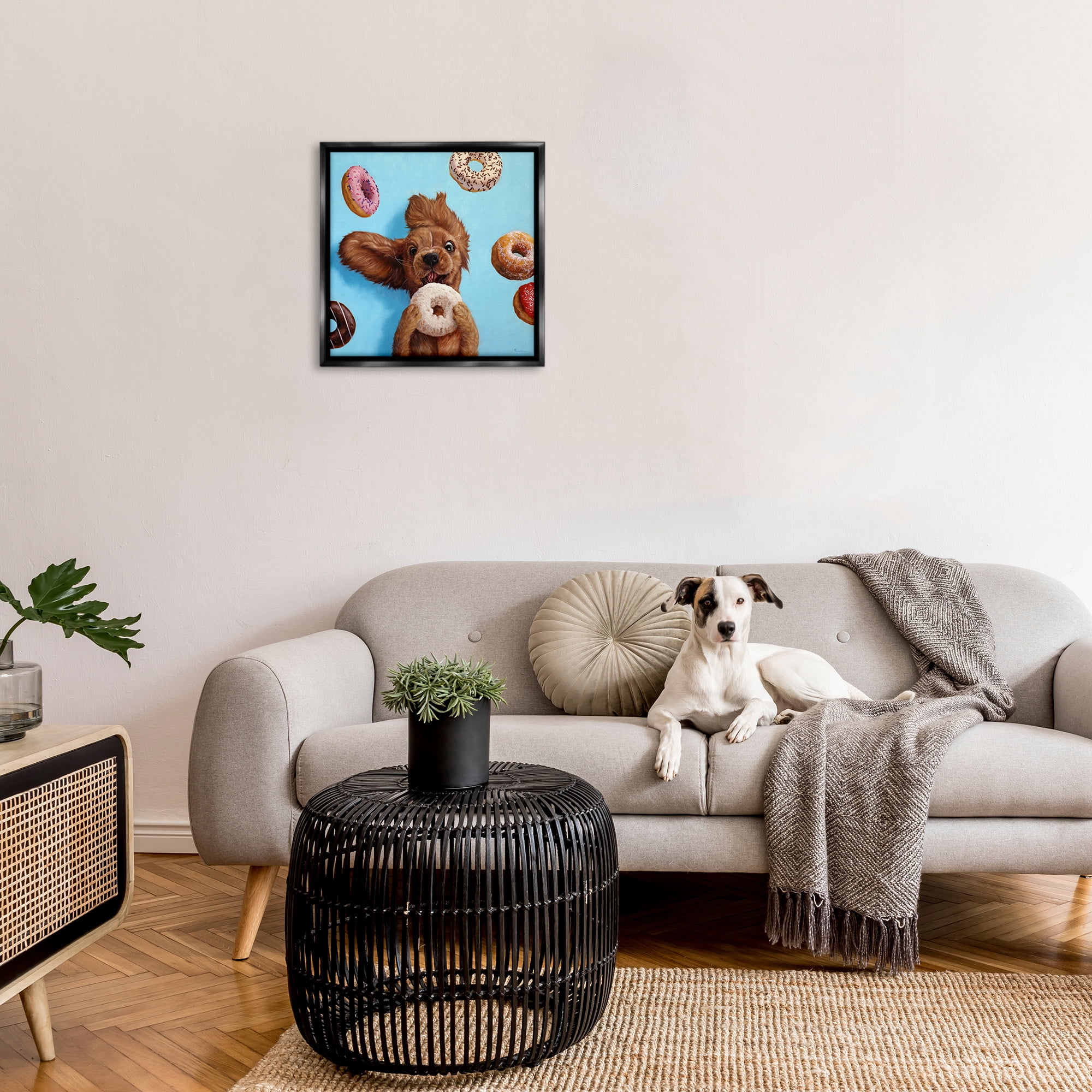 Stupell Industries Funny Dog Licking Donut Animals & Insects Painting Black Floater Framed Canvas Art Print Wall Art, 25 x 25