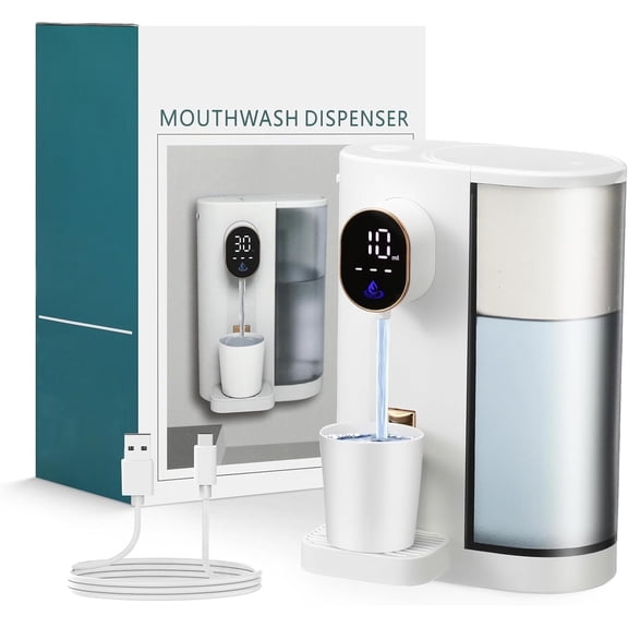 Automatic Mouthwash Dispenser for Bathroom,20.29 Oz Smart MouthWash Dispenser for Kids and Adult with Magnetic Cups, 4 Dispensing Levels,LED Screen,Wall Mounted,USB Rechargeable