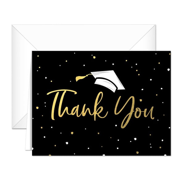 Faux Gold Confetti Graduation Thank You Cards / 100 Bulk Note Cards With White Envelopes / 4 1/4" x 5 1/2" High School College Grad Greeting Cards / Made In The USA