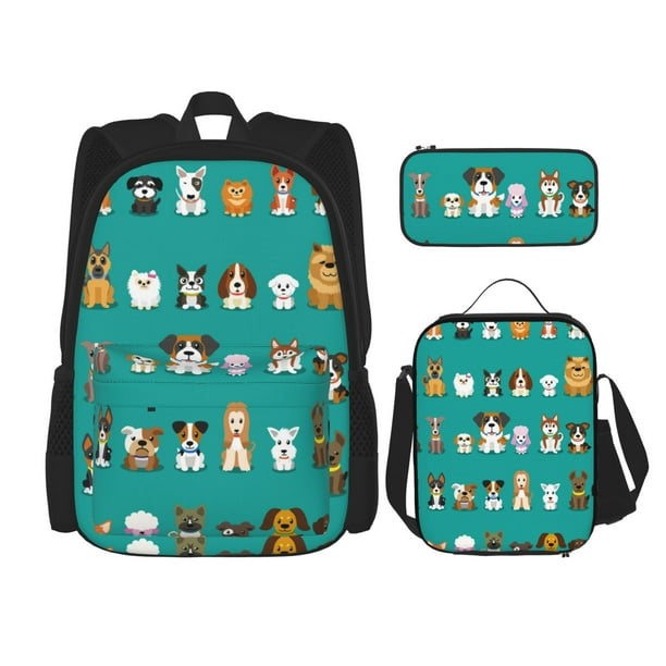 Disketp Cartoon Dogs Mochila Estampada de Gran Capacidad con Lonchera y Estuche, Set de 3 Piezas para Estudiantes