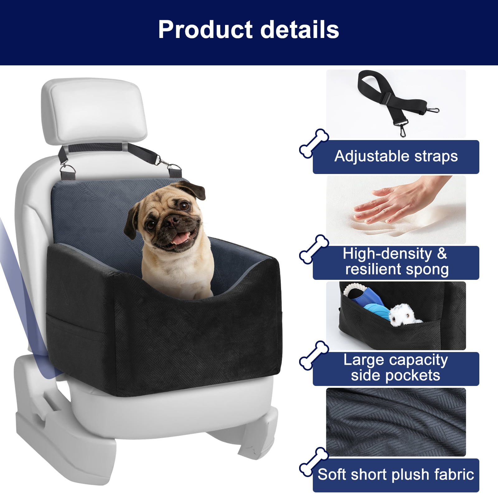 Dog Booster Car Seat for Small/Medium Dogs, Washable Dog Car Seats with Detachable Cover, Memory Foam Puppy Car Seat, Portable Pet Car Seat, Safety Belts, Storage Pockets, up to 30 lbs, Medium(Black)