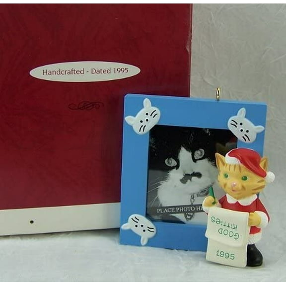 Cat in Santa Outfit Looking At List of Good Kitties "Special Cat" Blue Photo Holder Christmas Ornament- Hallmark Keepsake Chriistmas Ornament 1995 Series