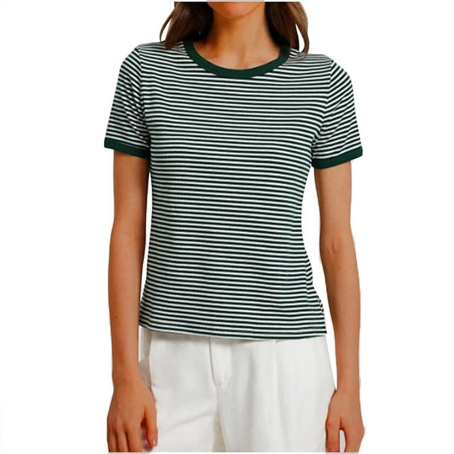 VSSSJ T-Shirts d'Été Rayés pour Femmes Col Rond Manches Courtes Respirant Confortable Coupe Décontractée Vert m