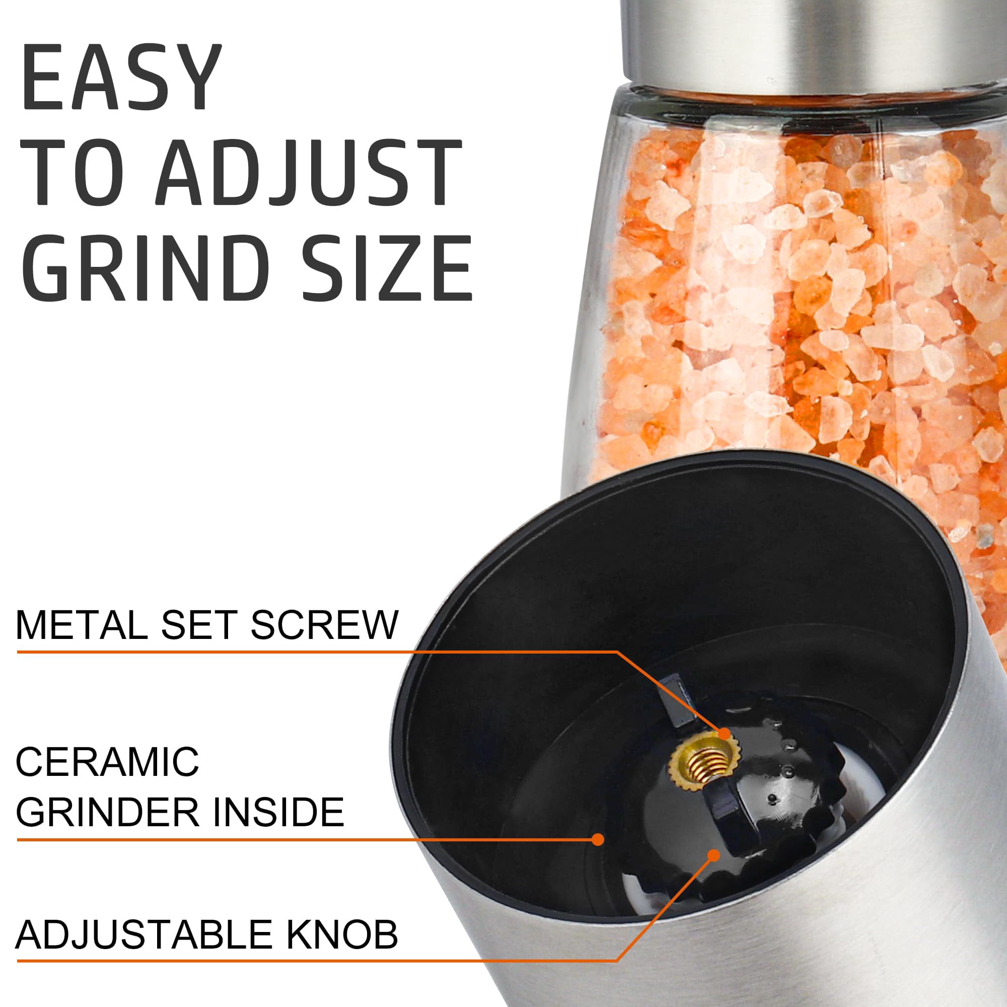 Salt and Pepper Grinder Set Refillable Adjustable Coarseness Stainless Steel with Ceramic Rotor Kitchen Spice Mills Set of 2