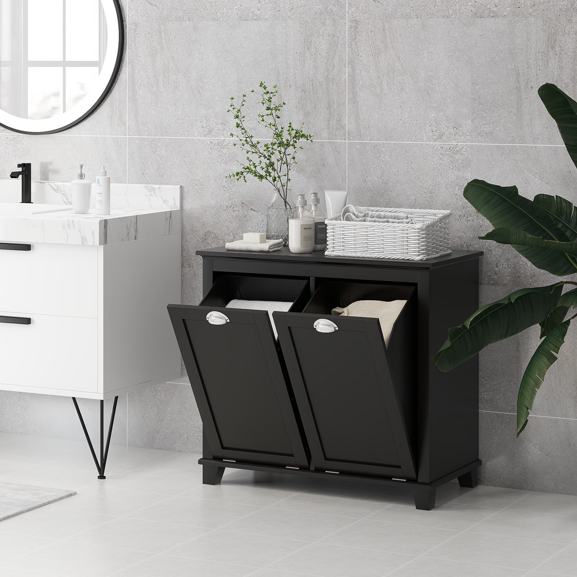 HOMCOM Tilt-Out Laundry Sorter Bathroom Cabinet, Black